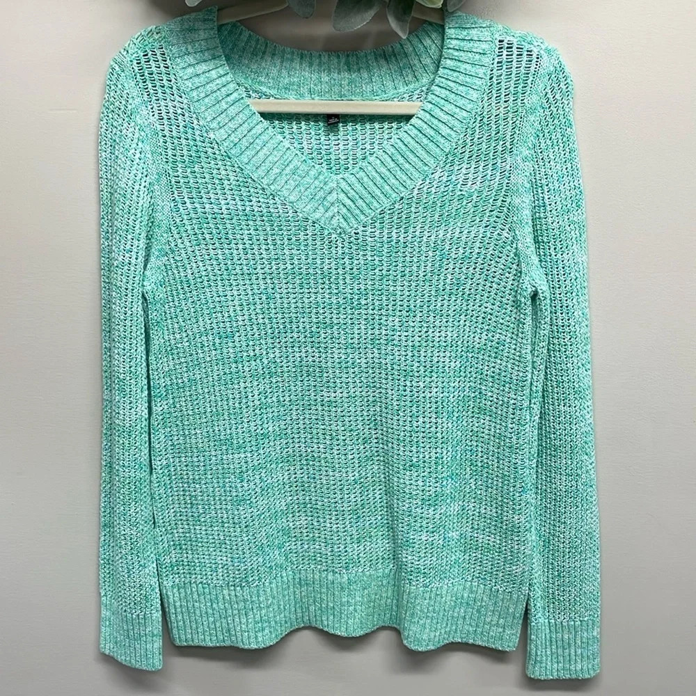 NWOT Talbots Cotton Pull Over V-Neck Sweater Blue Green Marled S